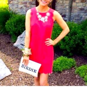 J. Crew Vibrant coral colored Mini Dress w scallop neckline and hem